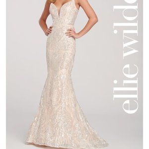 NWT Ellie Wilde White Silver Sparkly Prom Dress Bridal Dress